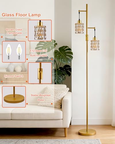 Image of 2-Light Glass Floor Lamp, 65IN Tall Standing Lamps Dimmable with Amber Glass Lampshade, 3000K Warmwhite Mid Century Modern Floor Lamp with 5Lbs Heavy Base for Living Room /Bedroom