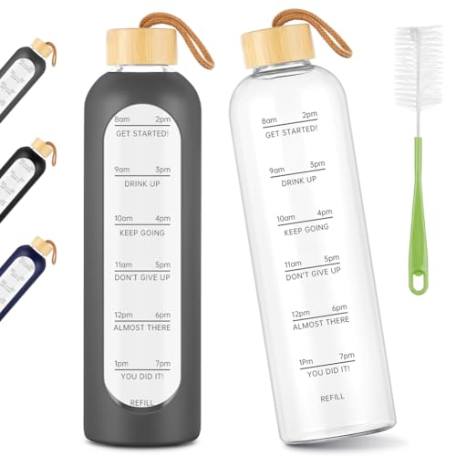 AOOWU Bouteille d'eau en Verre, 1L Gourde Réutilisable en Verre Borosilicate Avec Marqueur de Temps & Couvercle Bambou & Étui Silicone, Anti-Fuite...