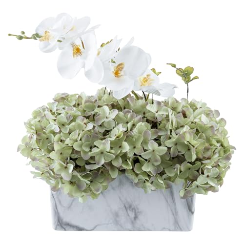 MyGift Artificial White Orchid Phalaenopsis Plants in White Marble Pattern