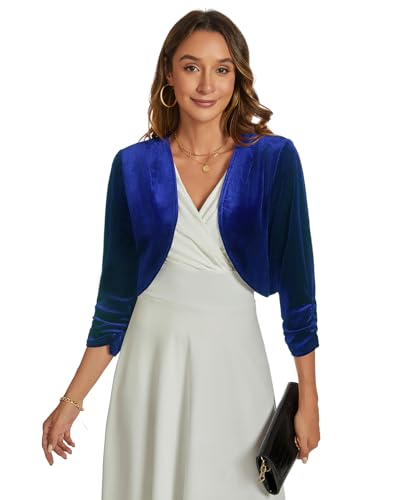 Womens Velvet Bolero Shrug Elegant Open Front Ruched 3/4 Sleeve Cocktail Party Cropped Cardigan4