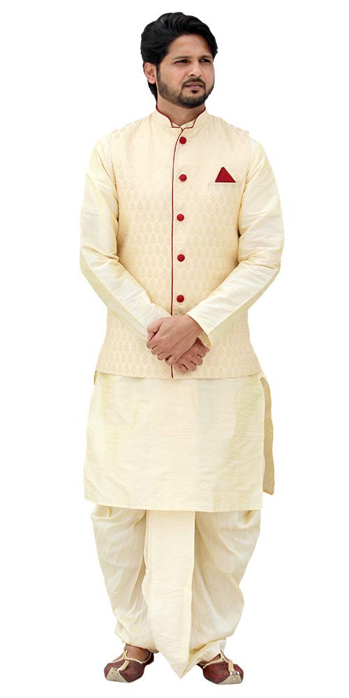 shubh mangalam Men's Silk Kurta Dhoti with Jacket Set (Golden, 44)-picture-26