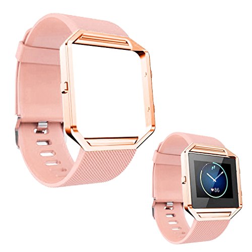 TopTen Bracelet de montre avec cadre en acier inoxydable Compatible pour Fitbit Blaze Smartwatch, accessoires de remplacement de bracelet en silicone Bracelet réglable (Rose)