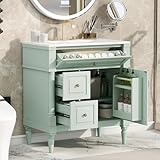 Mirightone 30 Inch Bathroom Vanity with Sink, Modern 30' Bathroom Vanities with Sink, Single Sink Bathroom Vanity with 2 Drawers, Flip Drawer, Door Shelf, Cabinet and Adjustable Shelf (Green)