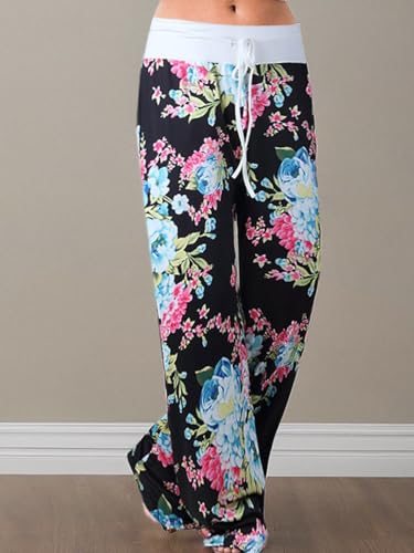 Image of iChunhua Women's Comfy Stretch Floral Print Drawstring Palazzo Wide Leg Lounge Pant