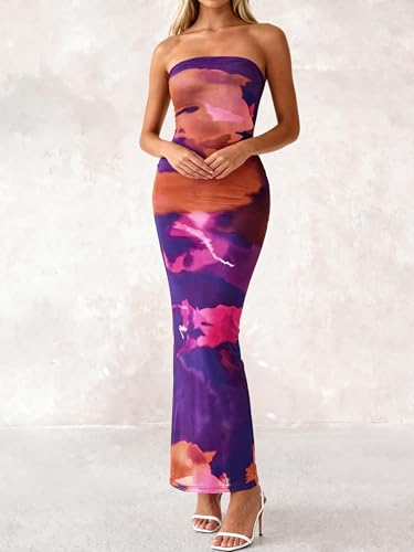 Image of PRETTYGARDEN Women Summer Strapless Maxi Dress Bodycon Floral Sexy Long Wedding Guest Dress Formal Tube Mesh Cocktail Dresses