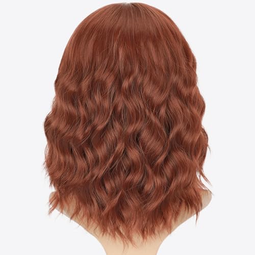 Image of AISI HAIR Synthetic Wavy Curly Bob Wig with Bangs Burnt Orange Short Wigs for Women Synthetic Heat Resistant Bob Wigs