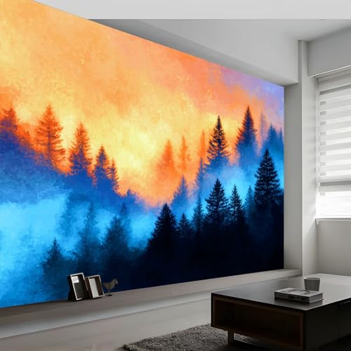 Carta da parati panoramica tramonto nebbia foresta, carta da parati tessuto non arte pittorica naturale per camera da letto soggiorno sala da pranzo - Decorazione murale moderna sfondo 300L x 210A cm