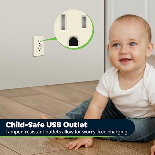 Image of TOPGREENER 4.2A 3-Port Type C USB Outlet, 15 Amp Receptacle Plug, Charging Power Outlet with Dual Type C&A Ports, Screwless Wall Plate Included, UL Listed, TU21542AC2-LASID, Light Almond, 2 Pack