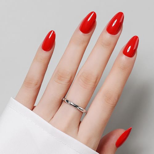 Luxbon Thick Press On Nails Short Almond con pegamento para uñas y kit de herramientas - Stick On Nails 25-30pcs Juego de tamaño completo, puntas de uñas de gel suave Rojo