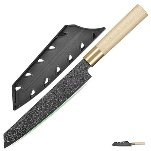 FULLHI Cuchillo japonés de acero damasco negro con funda, mango de madera Gyutou sashimi cuchillo de chef cuchillo de cocina con caja para hombre mujer regalo (Cuchillo de sushi)