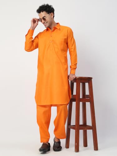 Image of Men's Traditional Pathani Kurta Salwar Set, Red, Long Sleeve, Collared Neck, Cotton Blend, Ethnic Wear