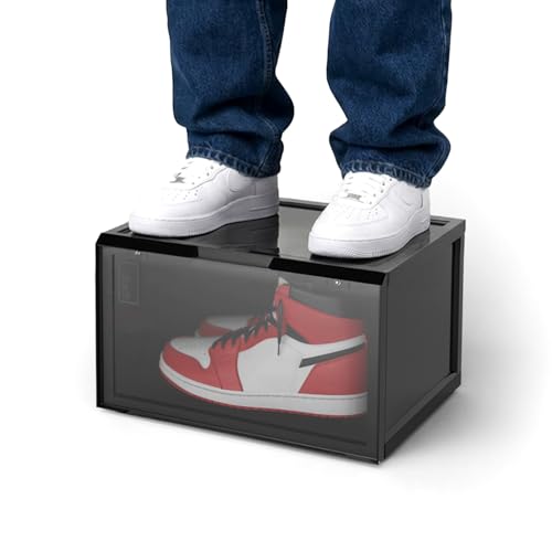 Image of SHOEGR Safe | Shoe Storage Organizer | Sneaker Storage Box | Black Heavy-Duty Shoes Boxes | Side Drop Crates with Magnetic Closure | Large Storage Box | Fits upto Size UK14 (Black, Pack of 1)