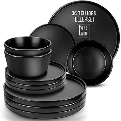 Steingut Schwarzes Geschirrset 12 Personen Manhattan 36-tlg. - Geschirr schwarz matt Spülmaschinen- und Mikrowellenfest Cover