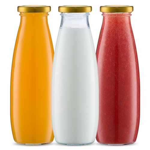 Danmu Art - 500ml Glass Milk Bottles with Lids - Gold Lids - Juice Milk Jam Storage Dispenser Bottles Set of 3