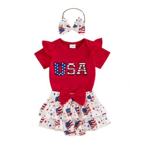 FIOMVA Baby 4th of July Outfit Girl My First 4th of July Letter Print Romper Onesie+Tutu Skirt Shorts Bloomers Headband Set (USA Red, 12-18 Months)