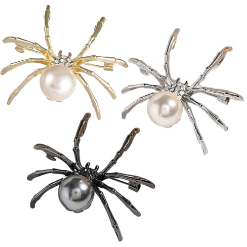 Image of 3PCS Spider Brooches and Pins, Gothic Punk Style Lapel Pin Set with Faux Pearl Vintage for Backpack Scarf Shirt Collar Hat Prom Halloween Party Bar Gift