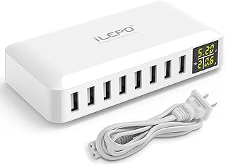 yeacher Carregador USB inteligente de 8 portas 50W 8A Hub USB de várias portas com tela LCD Carregador de parede de carregamento rápido Adaptador de alimentação com cabo de alimentação longo de 4 pés