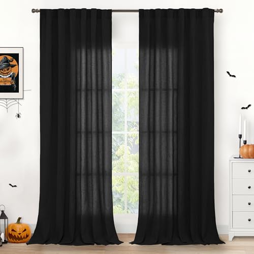 YoungsTex Black Linen Curtains 102 Inches Long for Living Room 2 Panels