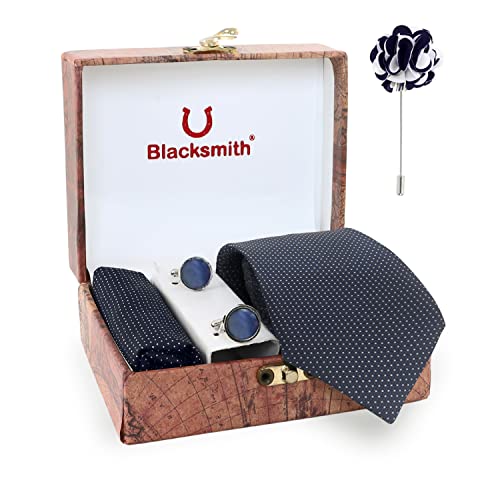 Image of BLACKSMITH Tie, Cufflink, Pocket Square, Lapel Pin, Set of 4 for Men [ Free Size ] Black