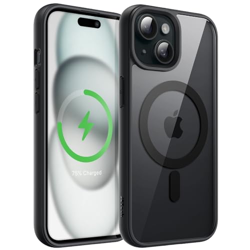 JETech Magnetisch Hülle für iPhone 15 Plus 6,7 Zoll Kompatibel mit MagSafe, Stoßfeste Stoßstange Handyhülle, Solid Farbe Matte TPU Rahmen, Anti-Kratzer Transparent Rückseite (Schwarz)