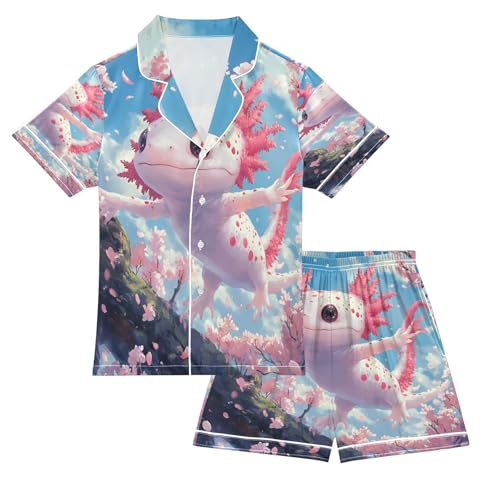 Satin Pajama Sets Short Sleeve Cute Axolotl Pink Cherry Blossoms Button Down Silky Nightwear 2 Piece PJS 5-14Y