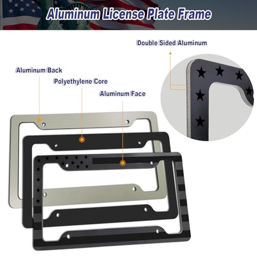 Image of BGGTMO American Flag License Plate Frames, 2 Pack Front Rear Aluminum | Black Gray Patriotic USA Stars and Stripes, Brushed Aluminum-Plastic Material, Car Tag Holder with Screws Caps