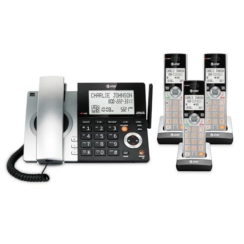 AT&T CL84307 Dect 6.0 Expandable Corded/Cordless Phone with Smart Call Blocker, Silver/Black with 3 Handsets
