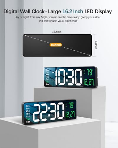 Image of EASEPRES 16 inch Digital Wall Clock with Remote Control - LED Display, Auto-Dimming,Dual Alram,Countdown Timer, Date, Day,Temperature & Calendar - 12 /24 Hour Format, ABS Rectangle Design (White + Green)
