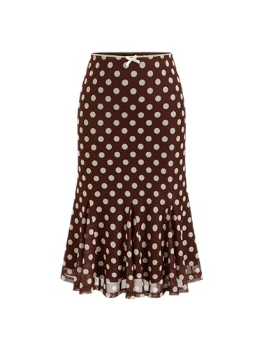 CIDER Womens Polka Dot Midi Skirt Vintage Bowknot Sheer Mesh Ruffle Hem Retro Fashion Going Out Casual Skirt Trendy Coffee