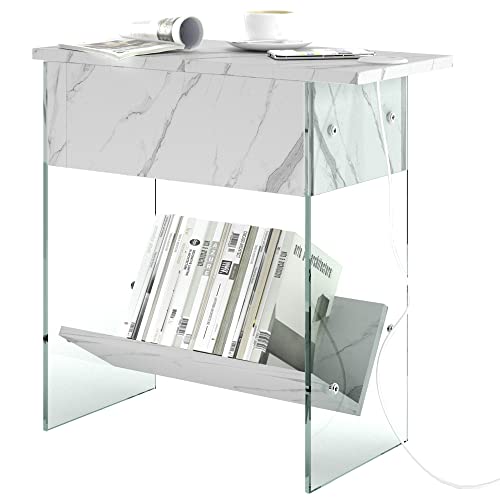 sogesfurniture Table de chevet avec plateau en verre, espace de rangement, parfait pour chambre à coucher, salon, bureau, blanc Cover