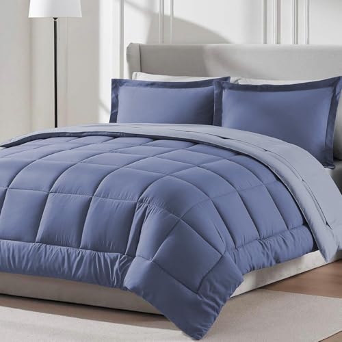 Image of FURBO Microfiber Reversible 200 GSM AC Comforter Set Double Bed with 2 Pillow Covers, Quilt for Double Bed King Size for All Season Comfort (90x100 Inches, Blueberry & Lavender)