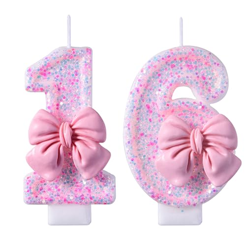 VSHILI 16th Birthday Candles, Pink 16 Year Old Number Birthday Candles, Happy Birthday Party Cake Topper Decoration Gifts for Girls