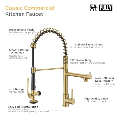 Image of Fapully Commercial Brushed Gold Kitchen Faucet with Pull Down Sprayer