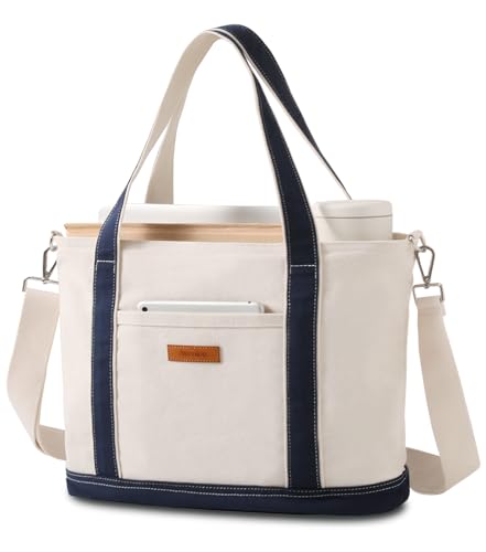 Aveniee Canvas Tote Bag with 10 Pockets & Zipper Large Tote Purse for Women Shoulder Handbag for Travel Work Laptop Books