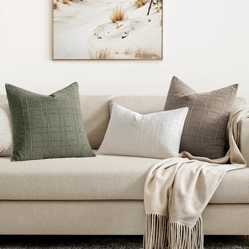 Image of MIULEE Decorative Linen Check Throw Pillow Covers Neutral Farmhouse Vintage Pillow Covers 20x20 Set of 2 Boho Modern Winter Home Decor for Sofa Couch Bedroom Cushion Tan Taupe