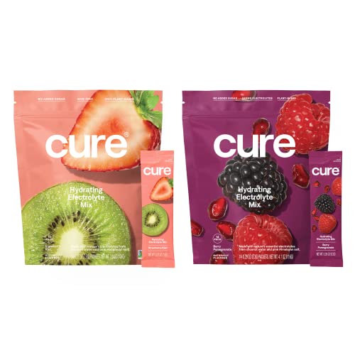 Cure Hydrating Electrolyte Mix | Electrolyte Powder For Dehydration Relief And Energy | Made With Coconut Water | No Added Sugar | Vegan | Paleo Friendly | Strawberry Kiw+ Berry | 28 Packets #TOP12