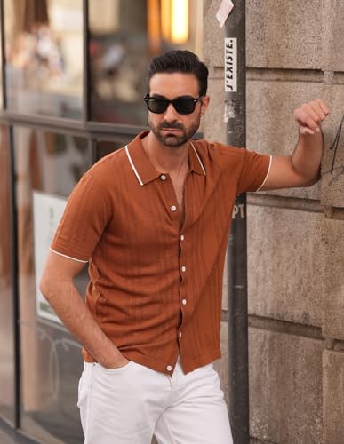 Grace Karin Mens Breathable Casual Button Down Shirt Hollow Out Lightweight Summer Polo Shirt Coffee Xl thumb #4