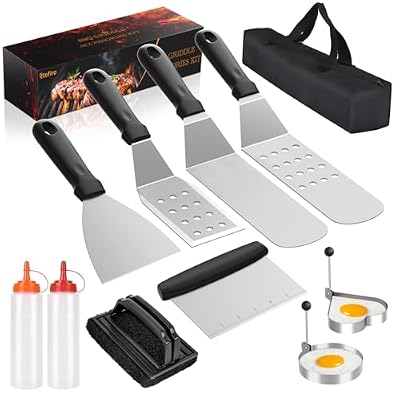 11PCS Griddle Accessories Kit, Flat Top Grill Accessories Set for Blackstone and Camp Chef with Spatula, Scraper, Chopper, Egg Rings, Bottles, Cleaning Brush, Carry Bag, Great for Outdoor