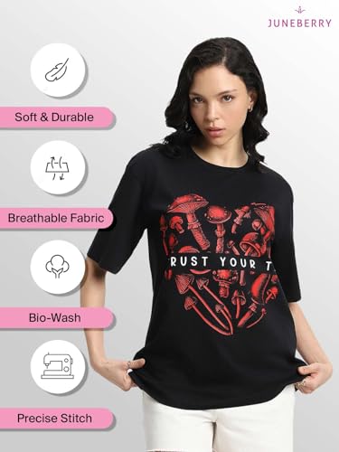 Image of JUNEBERRY Pure Cotton Round Neck Half Sleeve Oversized Baggy Fit Drop Shoulder Front Printed T-Shirt for Women