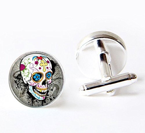 Orleans Mardi Gras sugar skull cufflinks,gothic skull cufflinks,Colorful Skull cuff links Floral skull glass cufflinks