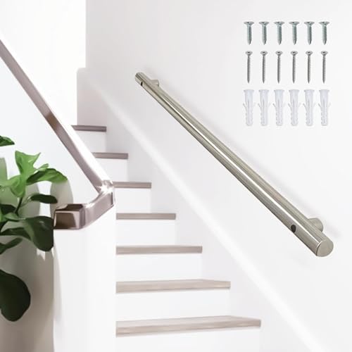 Wall Handrail for Stairs Steps 7ft-12ft Stainless Steel Staircase Banister Hand Rails Support Rod Round Pipe Railing with Wall Mount Brackets - Silver -Easy Install(9.2ft/280cm)