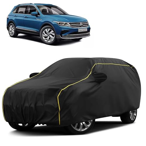 Image of Sulfar 100% Water Resistant Car Body Cover Compatible with Mirror for Volkswagen Tiguan (Triple Stitched, Full Bottom Elastic, Black Taffeta with Yellow Piping)