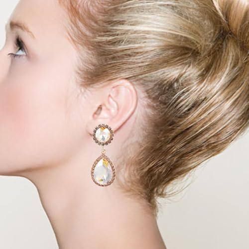Elegant Crystal Teardrop Dangle Drop Clip on Earrings for Women (Champagne) - image 2