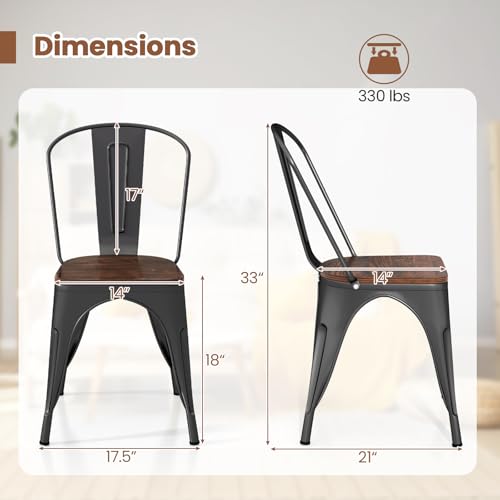 Image of COSTWAY 18 Inch Dining Chair Set of 4, Industrial Vintage Stackable Metal Chairs, Counter Bar Chairs with High Backrest, Wood Seat, for Home, Kitchen and Cafe Bar Use