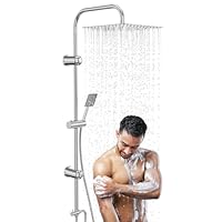 Kezidhp Duschsystem, Duscharmatur Komplettset mit Regendusche 30x30cm & Handbrause, Edelstahl Duschgarnitur, Verstellbare Wandmontage, Duschstange Chrom & Ablage