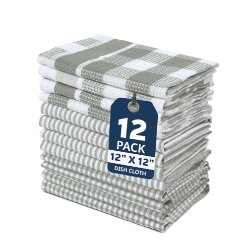 Image of LANE LINEN 100% Cotton Kitchen Dish Cloths, Ultra Soft Absorbent Quick Drying Dish Towels, Multiweave Wash Cloths Dish Towel Sets, 12x12 Inches, 12 Pack - Grey