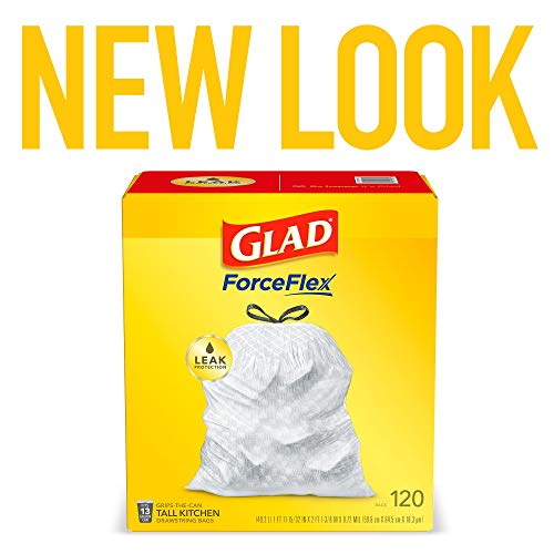 Glad ForceFlex Tall Kitchen Drawstring Trash Bags – 13 Gallon White Trash Bag, Unscented – 120 Count (Package May Vary)