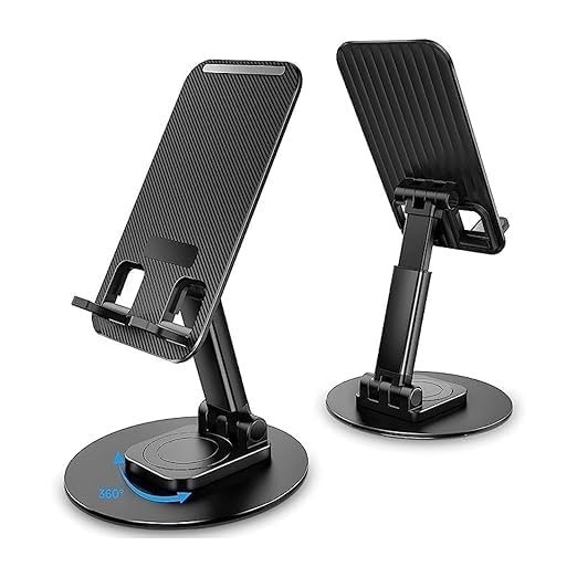Plastic Tabletop Mobile Phone Stand with Rotating Base | 360° Rotatable & Foldable Phone Holder | Adjustable Phone Holder with Anti Skid Pad for Desk Office | Compatible with All Smartphones (Black)-image-40