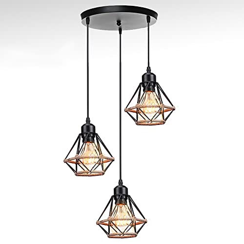 STOEX suspension luminaire industriel design rétro, lustre suspendue 3 lampe en métal corde de chanvre, éclairage plafond salons cuisine noir Ø160mm, ampoules E27 max.60W