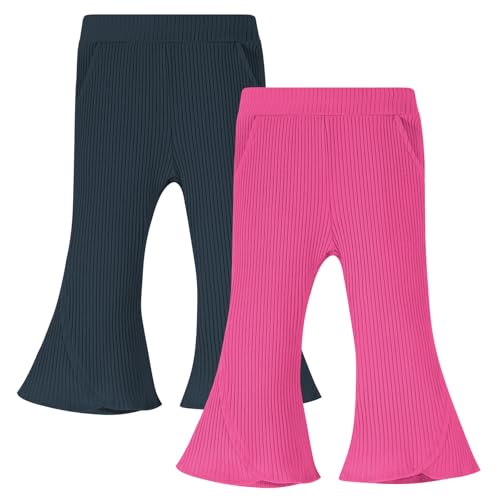 2 Pack Baby Girl Pants Toddler Ribbed Bell Bottoms with Pockets Stretchy Solid Ruffle Newborn Girl Flare Leggings